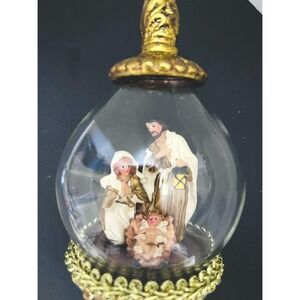 Lg Nativity Scene Diorama Glass Christmas Ornament Gold Holy family Jesus finial